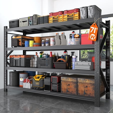 Metal Garage Shelving Unit, Heavy Duty Adjustable Industrial Storage Shelves, Steel Storage Rack for Garage, Warehouse, Basement, Black, 70.1"H x 71"W x 24"D, 1 Pack