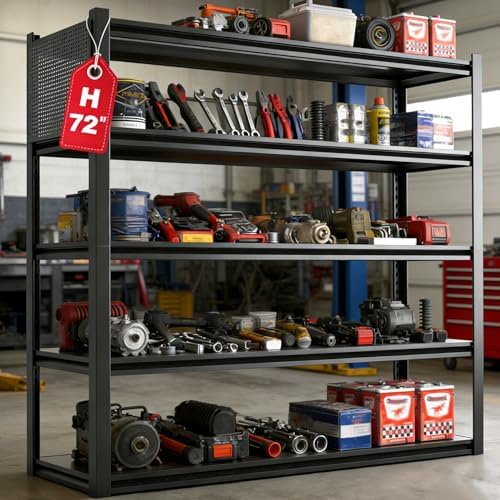 Metal Garage Shelving Unit with Pegboard, Heavy Duty 5-Tier Adjustable Industrial Storage Shelves, 5000 LBS Steel Storage Rack for Garage, Warehouse, Basement, 72" H x 59" W x 23.6" D, Black
