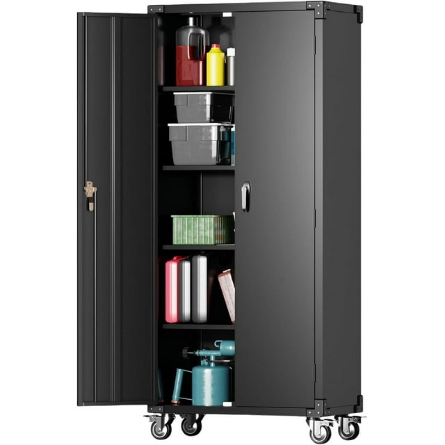 Metal Garage Storage Cabiet with Wheels, Lockig Steel Storage Cabiet