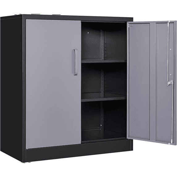 Metal Garage Storage Cabinet with 2 Doors and 2 Adjustable Shelves - 35.5" Steel Lockable File Cabinet,Locking Counter Cabinet for Home Office,Garage,Gym,School(Gray Black)