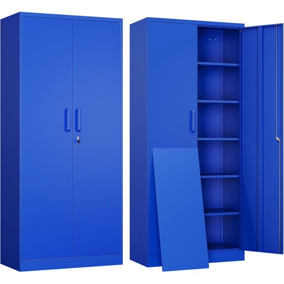 Metal Garage Storage Cabinet with 2 Doors and 5 Adjustable Shelves - 71" Steel Lockable File Cabinet,Locking Tool Cabinets for Office,Home,Garage,Gym,School (Blue)