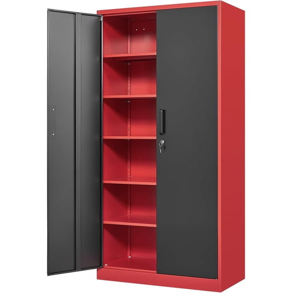 Metal Garage Storage Cabinet with 2 Doors and 5 Adjustable Shelves - 71" Steel Lockable File Cabinet,Locking Tool Cabinets for Office,Home,Garage,Gym,School (Red Black)