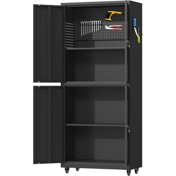 Garage Storage Cabinet with Wheels, 71" H Metal Tool Storage Cabinet with Adjustable Shelves and Doors for Utility Room,Workshop,Black