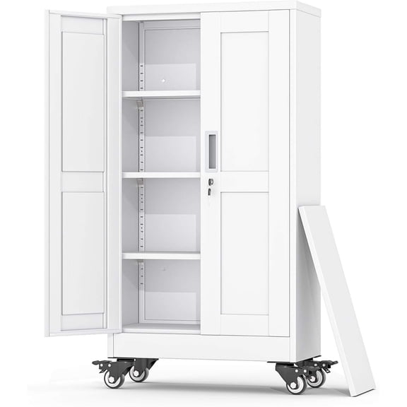 Metal Garage Storage Cabinet, 46Tall Rolling Utility Cabinet White | storage system with Wheels, Lock, 3 Adjustable Shelves, Heavy Duty Steel Tool Locker for Home Office, Utility Room, Gym
