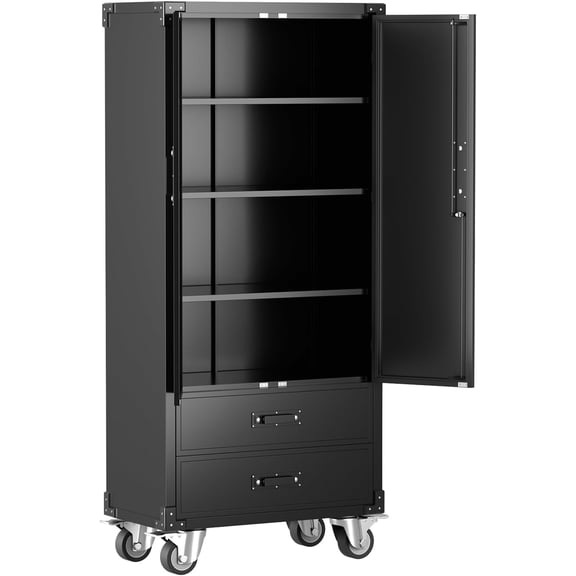 Metal Garage Storage Cabinet,71 in Heavy Duty Cold Rolled Steel 2 Door Tool Cabinet with 2 Drawers 3 Adjustable Shelves & 4 Lockable Wheels for Garage,Workshop,Basement Storage(Black)