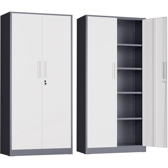 Metal Garage Storage Cabinet, 72” Lockable File Cabinets with 2 Doors and 4 Adjustable Shelves, Steel Tool Cabinets with Lock for Office, Home, Living Room, Grey White