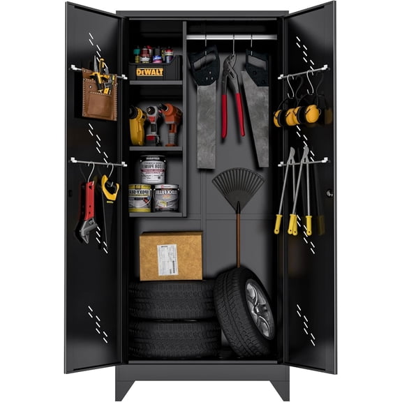 Metal Garage Storage Cabinet, 75” Cleaning Tool Cabinet with Hooks and Hanging Rods, Heavy Duty Garden Tool Organizer, Broom Cabinets for Home, Garage, Laundry Room, Gym, Workshop