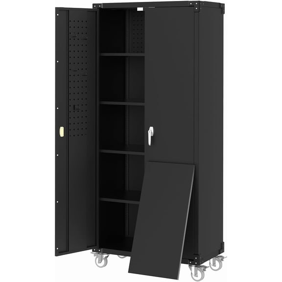 Metal Garage Storage Cabinet with Doors and Wheels, 72" High Lockable Storage Cabinet with 4 Adjustable Shelves and Pegboard, for Garage Workshop Home