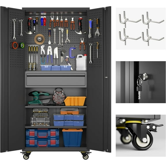 Metal Garage Storage Cabinet with Drawer and Adjustable Shelves,Metal Tool Storage Cabinet with Wheels and Pegboard for Garage, Warehouse,Home,Assembly Required, Black