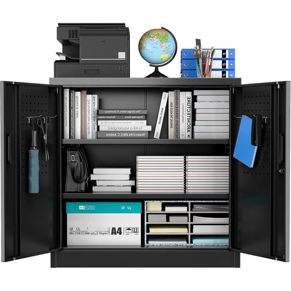 Metal Garage Storage Cabinet with Lock and Pegboard, Locking File Cabinets with Doors and Shelves for Office,Home,Garage,Gym, School, Assembly Required, Black