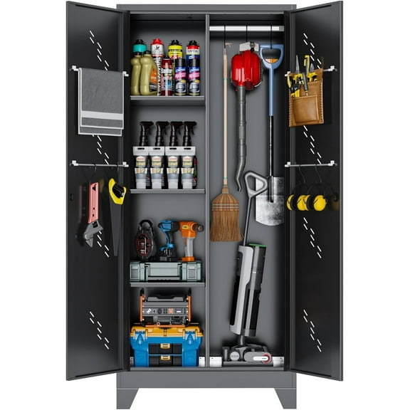 Metal Garage Storage Cabinet with Locking Doors, 71" Tall Broom Closet Storage Cabinet, Heavy Duty Garage Organization Cabinets, Steel Cabinet with Hanging Rod, Assembly Required