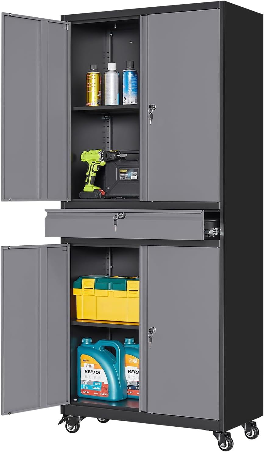 Metal Garage Storage Cabinet with Locking Doors and Adjustable Shelves ...