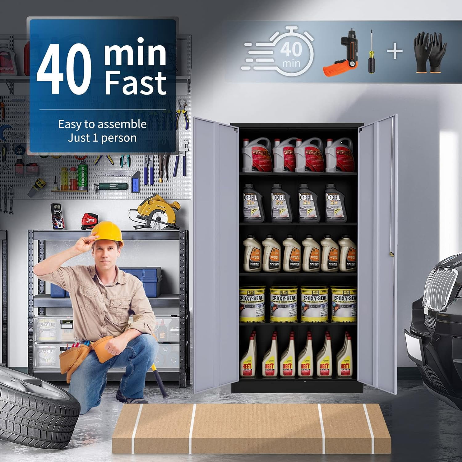 Metal Garage Storage Cabinet with Locking Doors and Adjustable Shelves ...