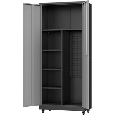 Metal Garage Storage Cabinet with Locking Doors and Adjustable Shelves, Rolling Tool Storage Cabinet with Lock,Steel Locking Cabinet,Tall Storage Cabinet on Wheels for Garage,Warehouse-Black Gray
