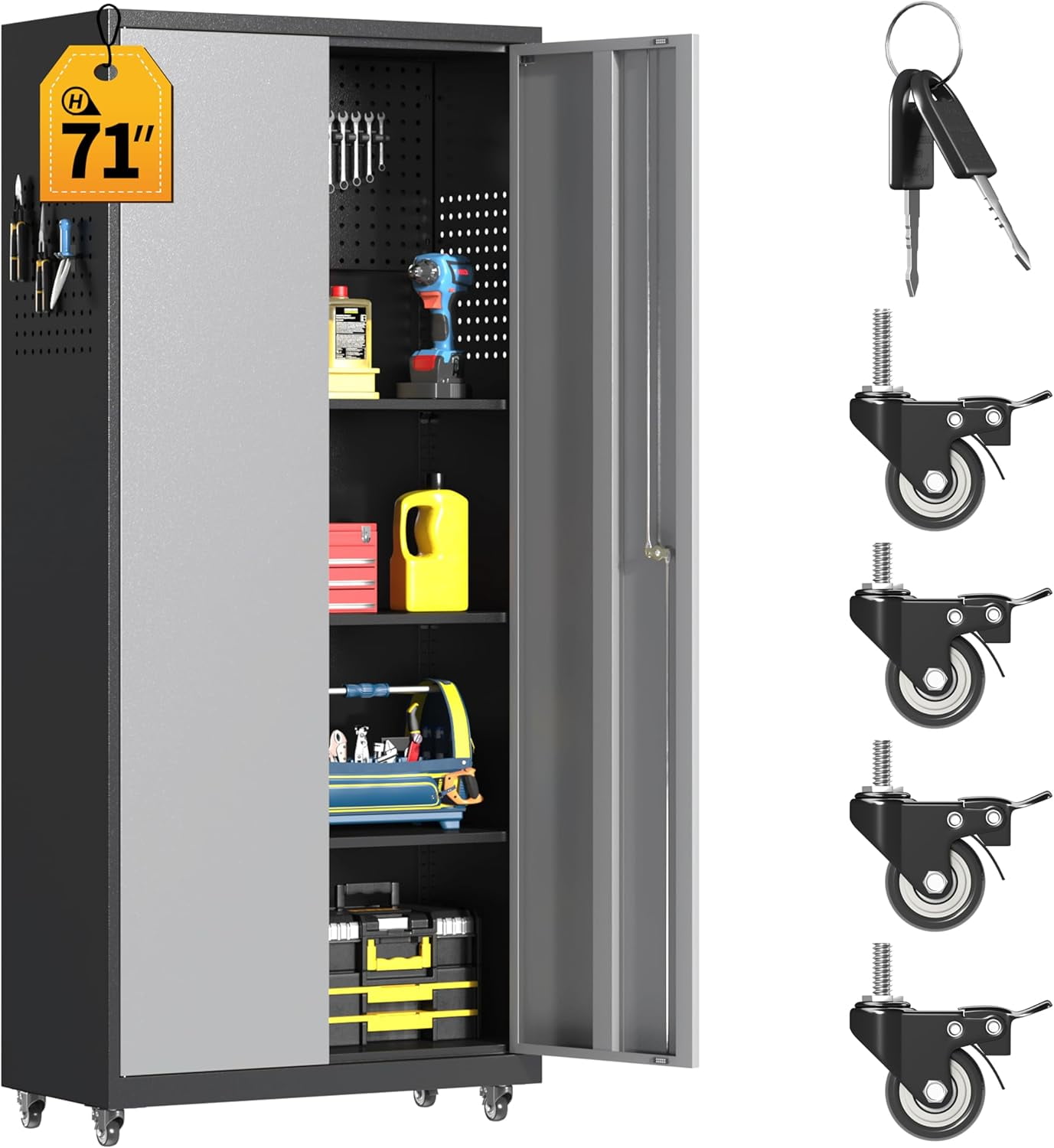 MoNiBloom Metal Storage Cabinet With Locking Door, 71" Garage Storage Cabinet With 6 Adjustable Shelves Steel Lockable File Office Home Grey White - View #9