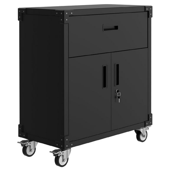 Metal Garage Storage Cabinet with Wheels – Heavy-Duty Lockable Tool Cabinet, Adjustable Shelf & Drawer for Workshop, Warehouse (35.4"H × 31.5"D × 16.5"W)
