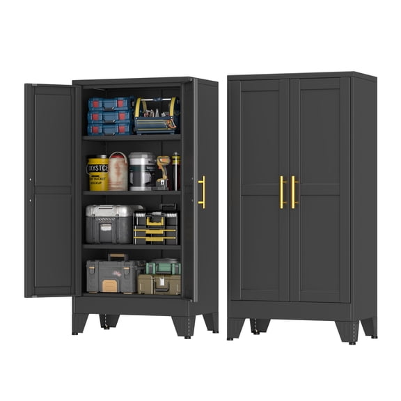 Metal Garage Storage Cabinet With Wheels, Rolling Broom Closet Utility Organizer Case, Mobile Tool Cupboard With Adjustable Shelves Hanging Rod And Hooks, Industrial Style, Black, One Piece