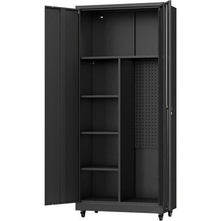Metal Garage Storage Cabinet with Wheels,Rolling Tool Storage Cabinet with Lock,Steel Locking Cabinet with Locking Doors and Adjustable Shelves,Tall Storage Cabinet for Office Home,Garage,Shop-Black