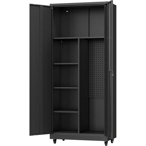 Metal Garage Storage Cabinet with Wheels,Rolling Tool Storage Cabinet with Lock,Steel Locking Cabinet with Locking Doors and Adjustable Shelves,Tall Storage Cabinet for Office Home,Garage,Shop-Black