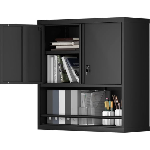 Metal Garage Storage Cabinets, Lockable Black Cabinet, Tool Cabinets Storage Wall Mounted, Hanging Cabinet with Guard Bar for Home Office, Basement