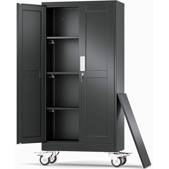 Metal Garage Storage Cabinets and storage system, 61”Tall Rolling utility cabinet with Wheels, Lock, 3 Adjustable Shelves, Heavy Duty Steel Tool Locker for Home Office, Utility Room, Gym,Black