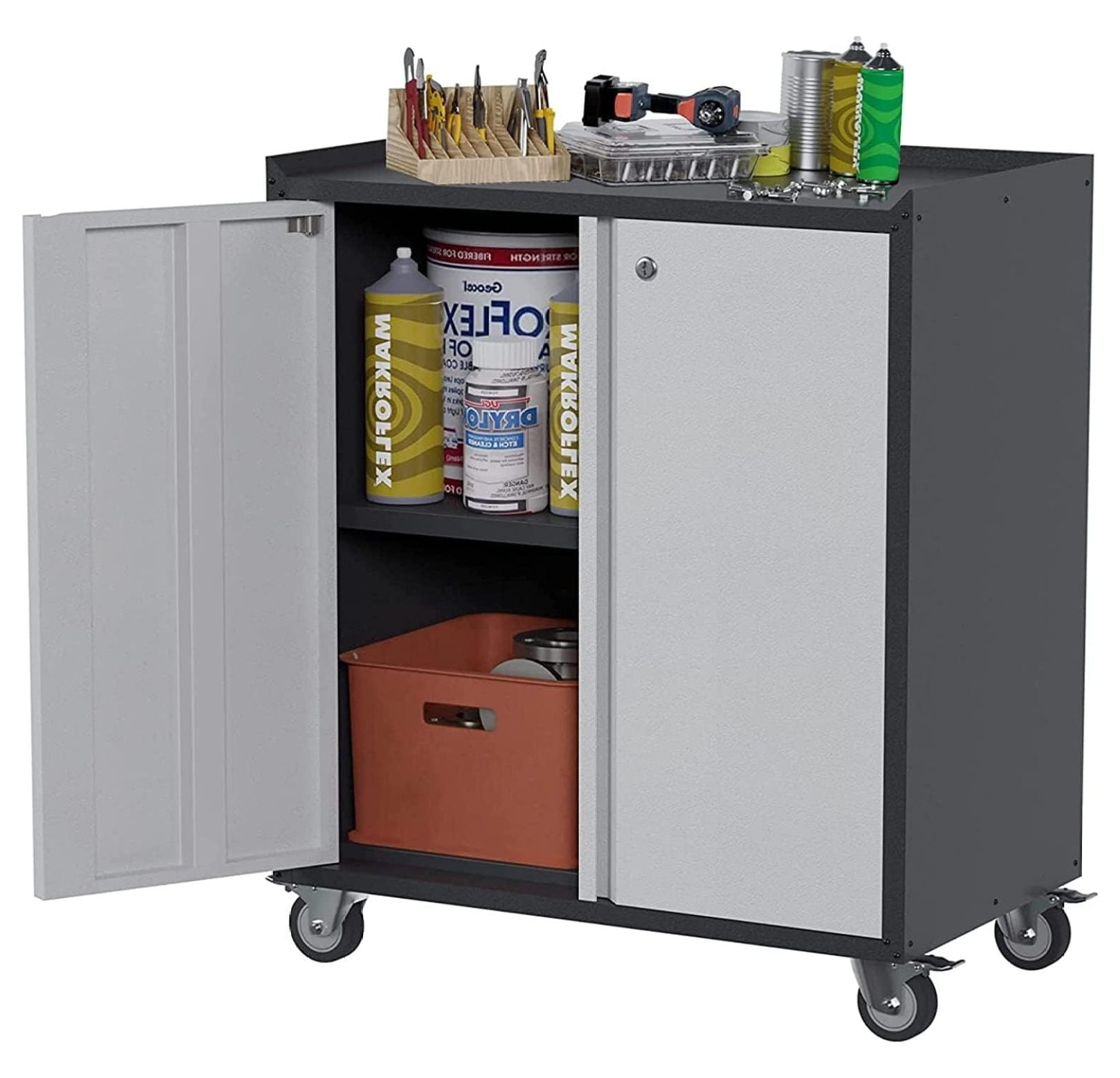 Rolling Tool Cabinet With Wheels – Metal Storage With 2 Doors, Adjustable Shelf, Lockable