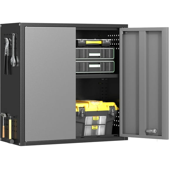 Metal Garage Wall Cabinet with 2 Doors and 1 Adjustable Shelf,Lockable Floating Tool Cabinet with Pegboard,Steel Storage Cabinet for Kitchen,Office,Garage,Laundry,Warehouse(Black&Gray, 26"H)