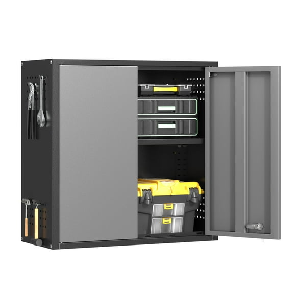 Metal Garage Wall Cabinet with 2 Doors and 1 Adjustable Shelf,Lockable Floating Tool Cabinet with Pegboard,Steel Storage Cabinet for Kitchen,Office,Garage,Laundry,Warehouse(Black&Gray, 26"H)