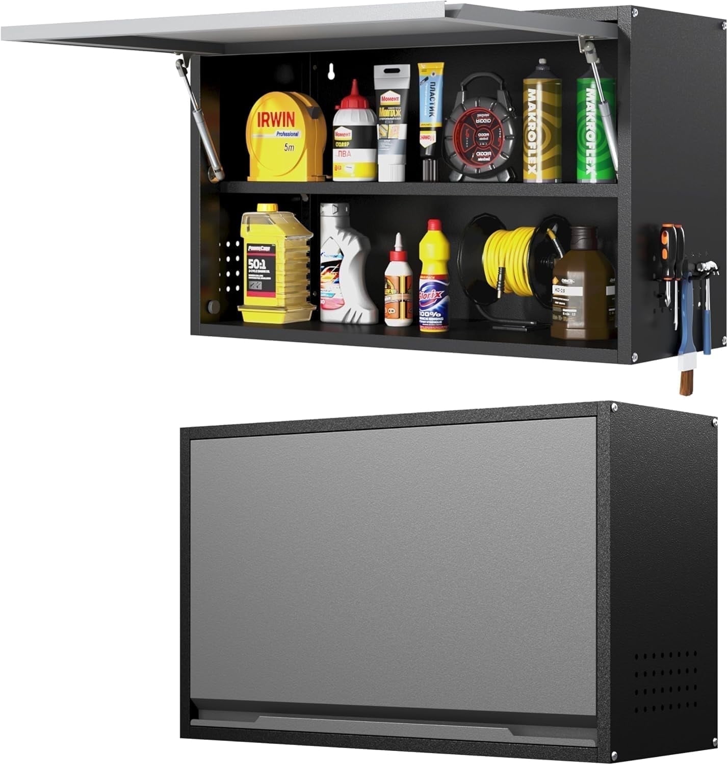 Kooyon Wall Mounted Metal Garage Cabinet with Adjustable Shelf & Doors, Floating Upper Storage Tool Cabinet for Garage Warehouse, Black Gray