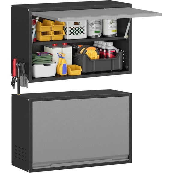 Metal Garage Wall Cabinet with Up Door, Float Tool Cabenit with Adjustable Shelf,Steel Wall-Mounted Storage Cabinet with Pegboard for Kitchen,Garage,Workshop,Warehouse(19.7"H,Black&Gray)
