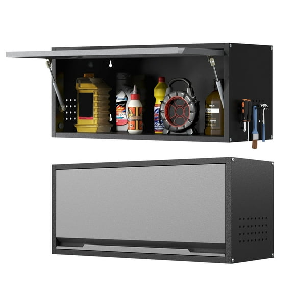 Metal Garage Wall Cabinet with Doors Side with Holes,13.8"H 1 Door Small Wall Hanging Tool Chest Cabinet ,Garage Storage Cabinet for Garage, Basement, Kitchen, Warehouse,Office, Bathroom-Black Gray