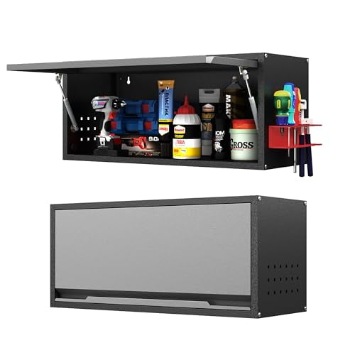 Metal Garage Wall Cabinet with Doors Side with Holes,13.8" H 1 Door Small Wall Hanging Tool Chest Cabinet,Garage Storage Cabinet for Garage, Basement, Kitchen, Warehouse,Office, Bathroom-Black Gray