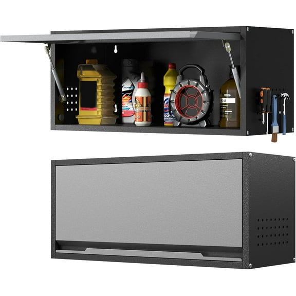 Metal Garage Wall Cabinet with Doors Side with Holes,13.8" H 1 Door Small Wall Hanging Tool Chest Cabinet,Garage Storage Cabinet for Garage, Basement, Kitchen, Warehouse,Office, Bathroom-Black Gray