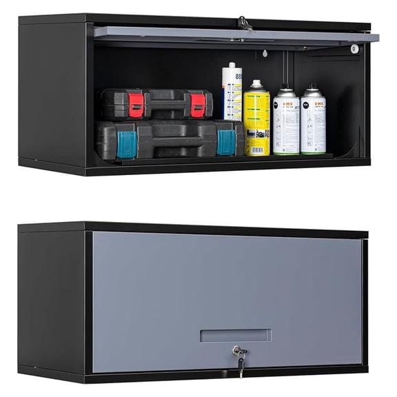 Metal Garage Wall Cabinet with Doors, Wall Mounted Metal Storage Cabinet, Floating Garage Tool Cabinet for Garage, Basement, Kitchen, Warehouse (Black Gray, 13.7" H)