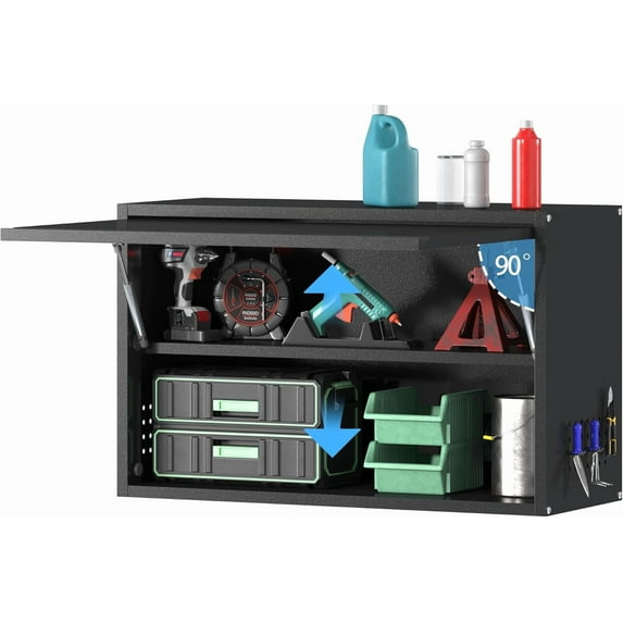 Metal Garage Wall Cabinet,Float Tool Cabinets with Up-Flip Door,Wall Mounted Metal Steel Cabinet for Garage/Home Office/RV/Ware House(Black/19.7" H)