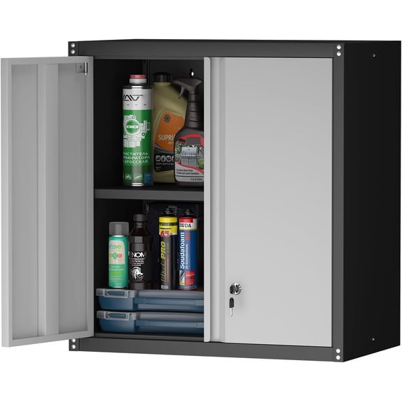 Metal Garage Wall Cabinet, Metal Wall Mounted Storage Cabinets with Lockable Doors and Adjustable Shelves, Floating Tool Cabinet for Garage, Home Office, Kitchen,BlackGrey