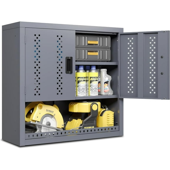Metal Garage Wall Cabinet, Wall Mounted Storage Cabinets with Doors, Floating Steel Cabinet with Adjustable Shelves and Open Drawer, Heavy-Duty Tool Organizer for Warehouse, Basement, Kitchen