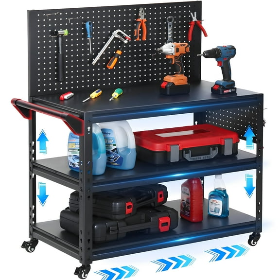 Workbench,Metal Workbench for Garage,Heavy Duty Work Table with Pegboard and Wheels,3 Tier Utility Cart Rolling Tool Cart for Garage,Warehouse,Workshop,Home