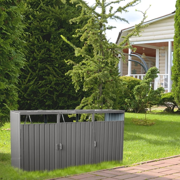 Metal Garbage Bin Shed for 3 Trash Cans, Galvanized Steel Outdoor Waste Storage Enclosure with Lockable Doors & Lids, Weather Resistant Bin Shed for Garden Yard Lawn Grey