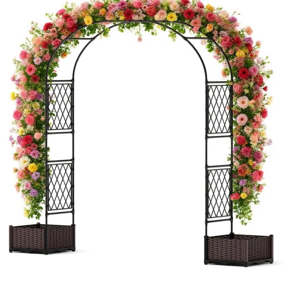 Metal Garden Arbor Arch with 2 Planter Boxes, PE Coated Weather-Resistant Trellis for Climbing Plants, Outdoor Decorative Archway for Patio, Lawn, Backyard and Garden