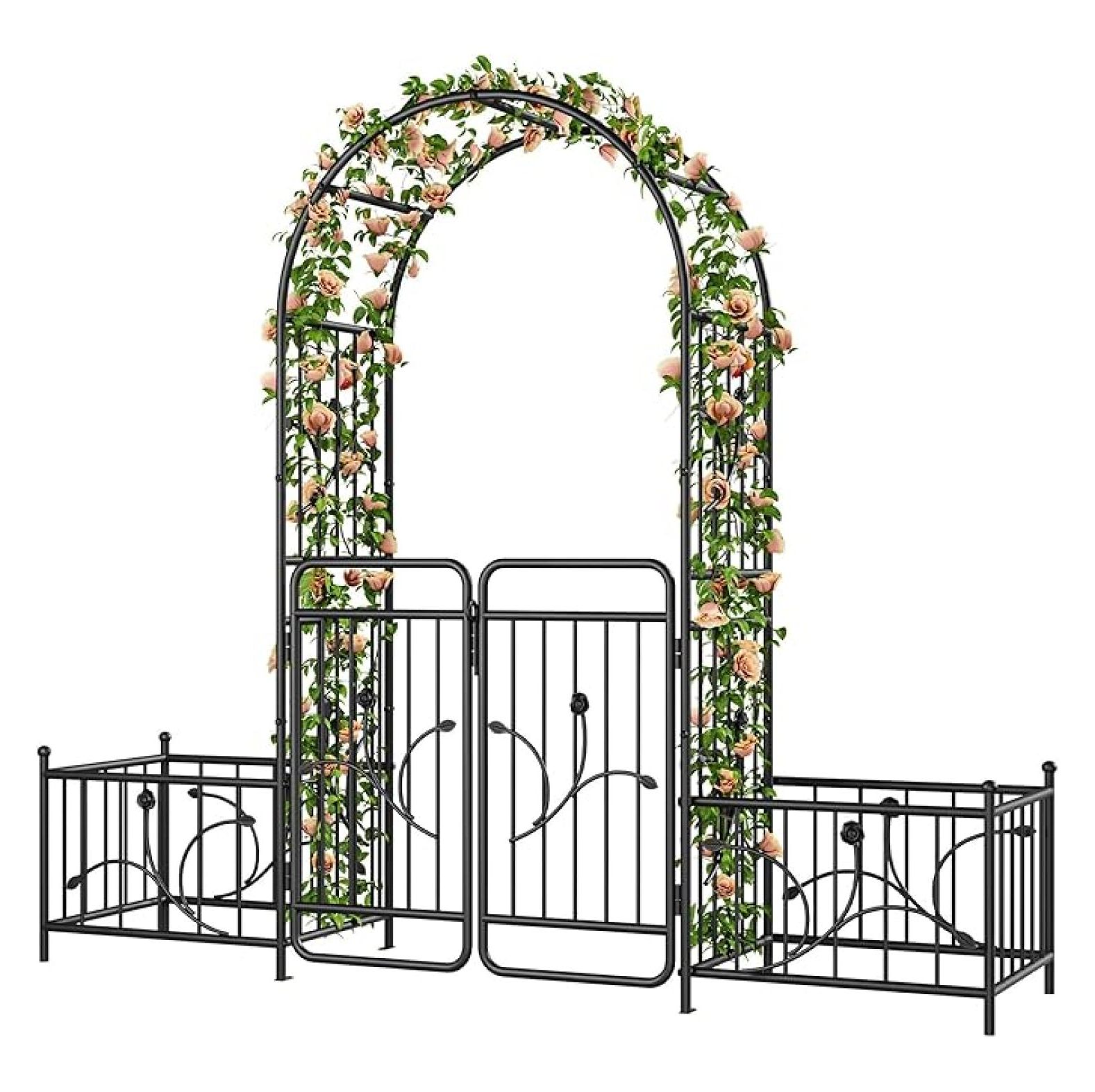Metal Garden Arbor with Gate & Planter Boxes for Climbing Plants, Black ...
