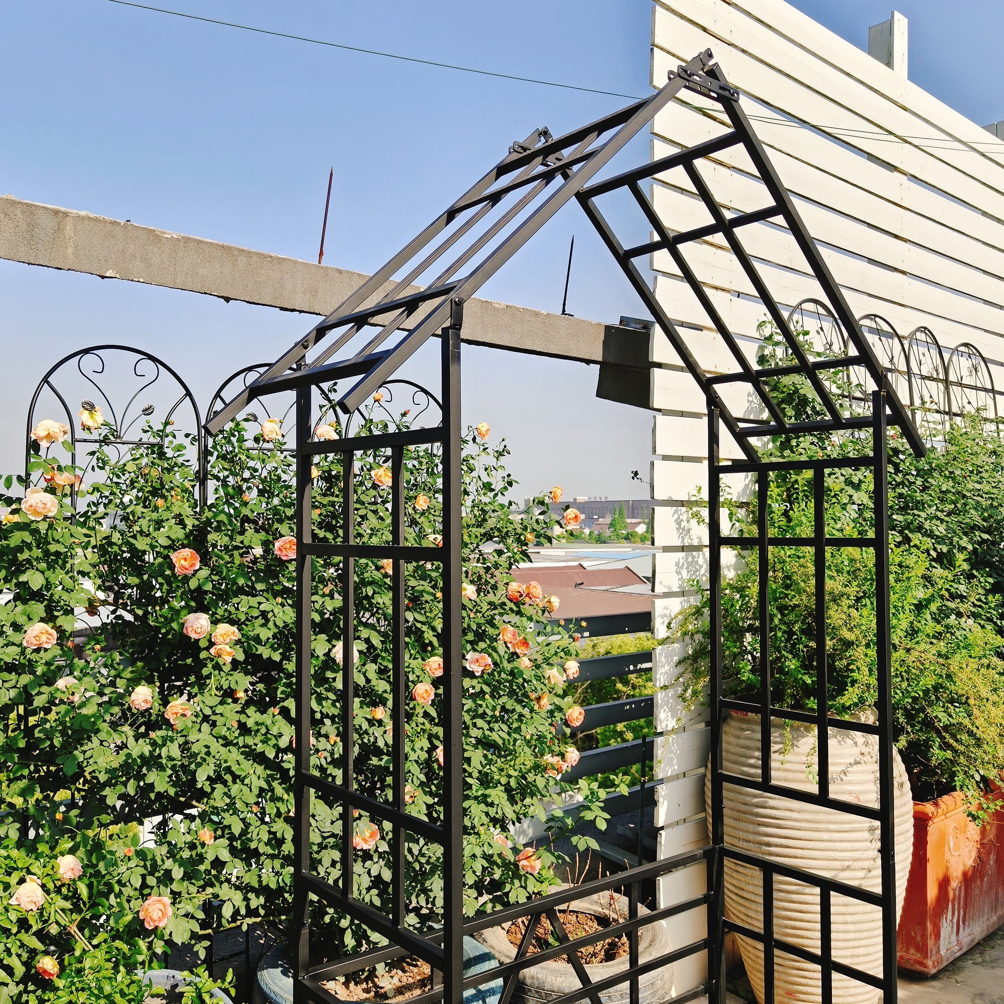 Metal Garden Arch with Bench & Flower Stand Black Outdoor Rose Trellis Arbor for Climbing Plants, Wedding Ceremony & Party Decoration Archway, Heavy Duty Iron Frame 58 W x 97 H