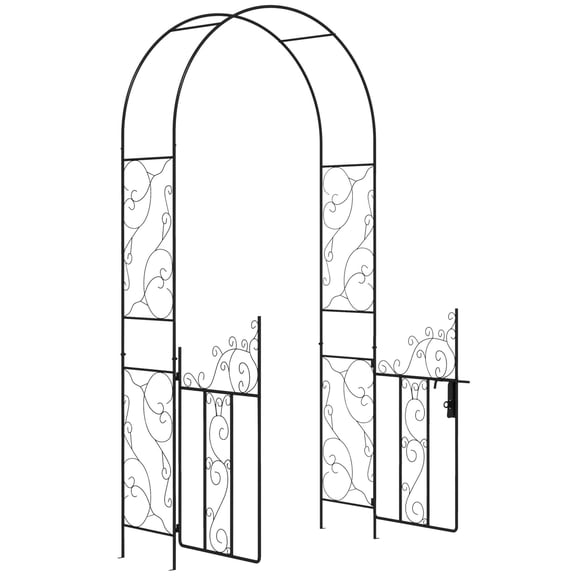 Metal Garden Arch with Gate for Climbing Plants, Outdoor Wedding Arbor Trellis with Scrollwork Design for Roses Vines, Sturdy Steel Lawn Archway for Backyard Garden Decor, Black