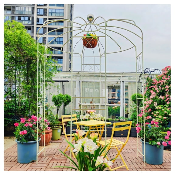 Metal Garden Arch Iron Garden Arbors Gazebo Dia 81.3'' x 114.2'' High Birdcage Shape Pergola Pavilion for Wedding Ceremony Cream White