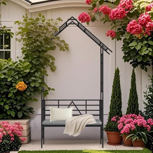 Metal Garden Arch with Bench 97.24" H Garden Arbor Trellis Climbing Plants Support Rose Arch Outdoor Lawn Flower Stand, Black$$Garden & Patio