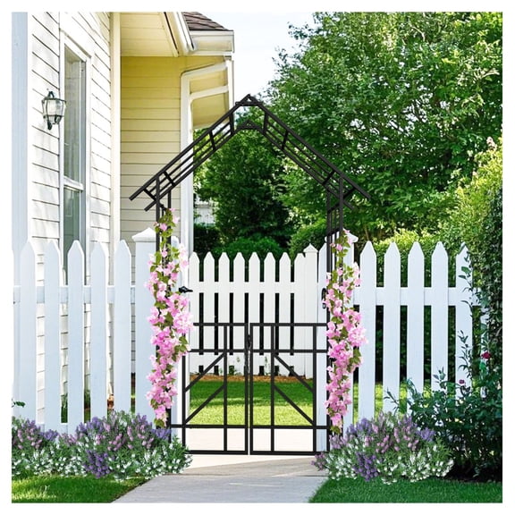 Metal Garden Arch with Gate 58''W x 97''H Black Rose Trellis Climbing Plants Support for Outdoor Wedding Yard Decoration