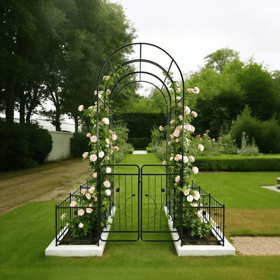 Metal Garden Arch with Gate 79.5'' Wide x 86.6'' High Climbing Plants Support Rose Arch Outdoor Black