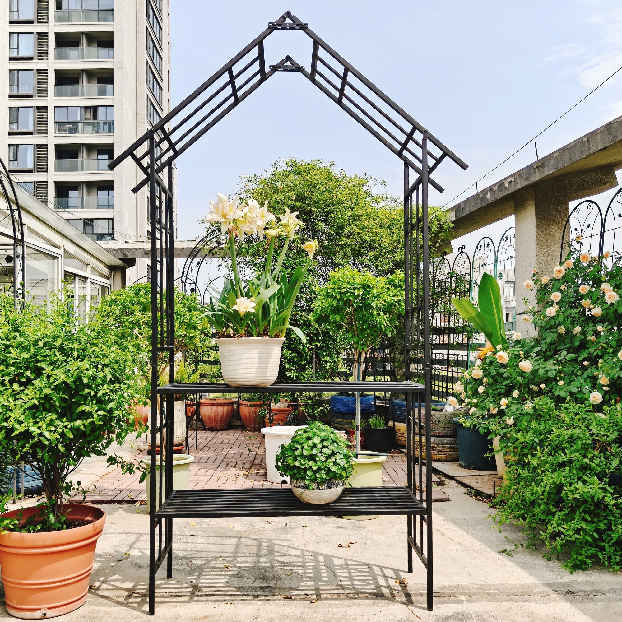 Metal Garden Arch with Gate in Elegant Black Finish, Measuring W80.71 ...
