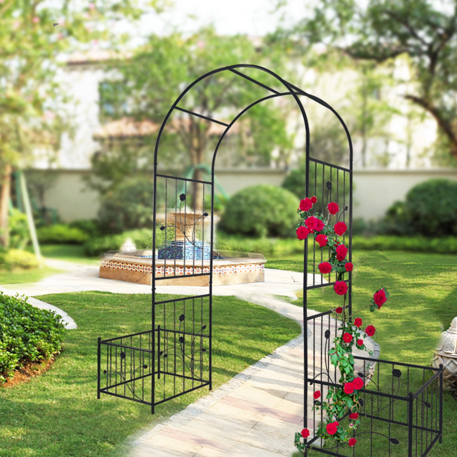 Metal Garden Arch with Plant Stands 79.5" Wide x 86.6" High Climbing Plants Support Rose Arch Outdoor Black