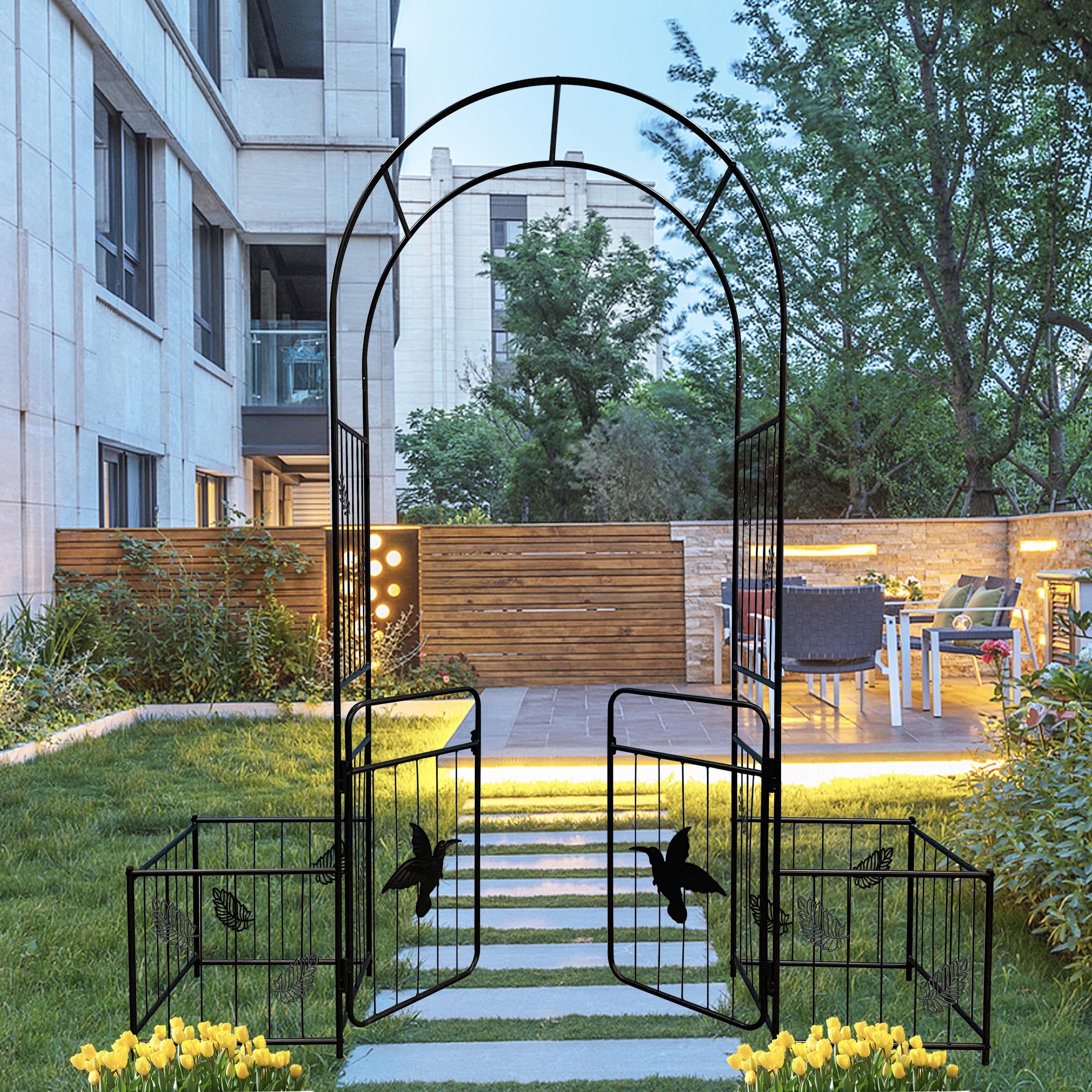 Metal Garden Arch With Gate – Black Trellis For Climbing Plants, Wedding Archway, 58”W X 97”H
